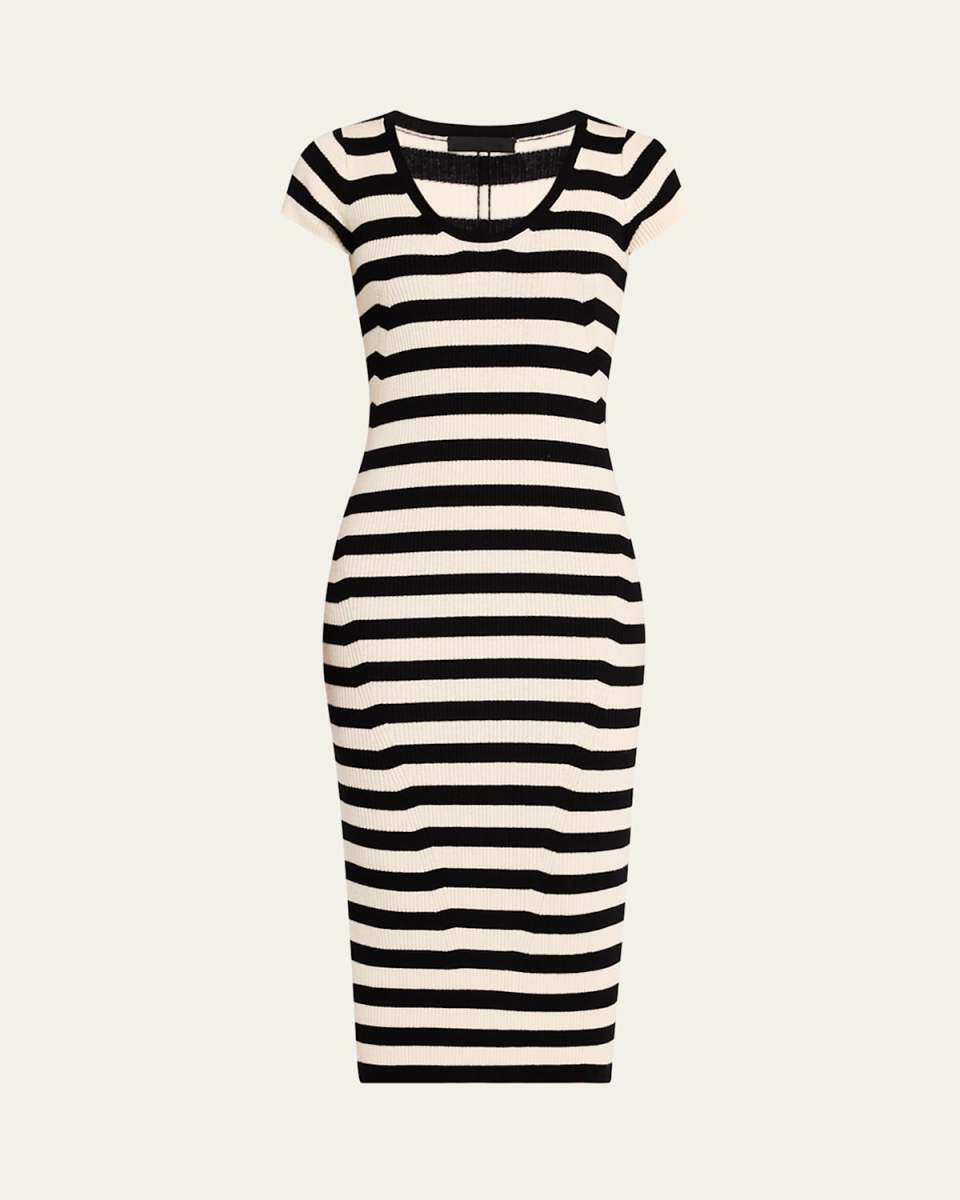 Striped Wool Cap-Sleeve Dress